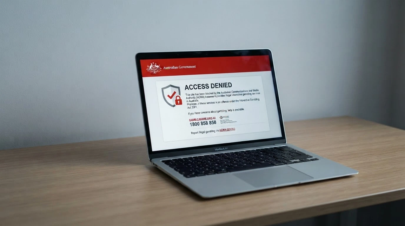 An official-looking government notice or block page on a laptop screen, styled as an access-denied warning