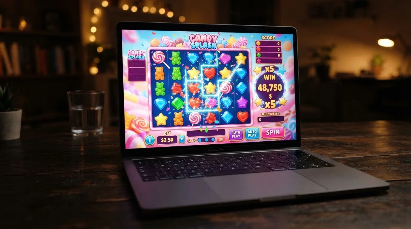 A colourful online pokie game grid showing a win animation — Sweet Bonanza or a similar candy-themed title on screen