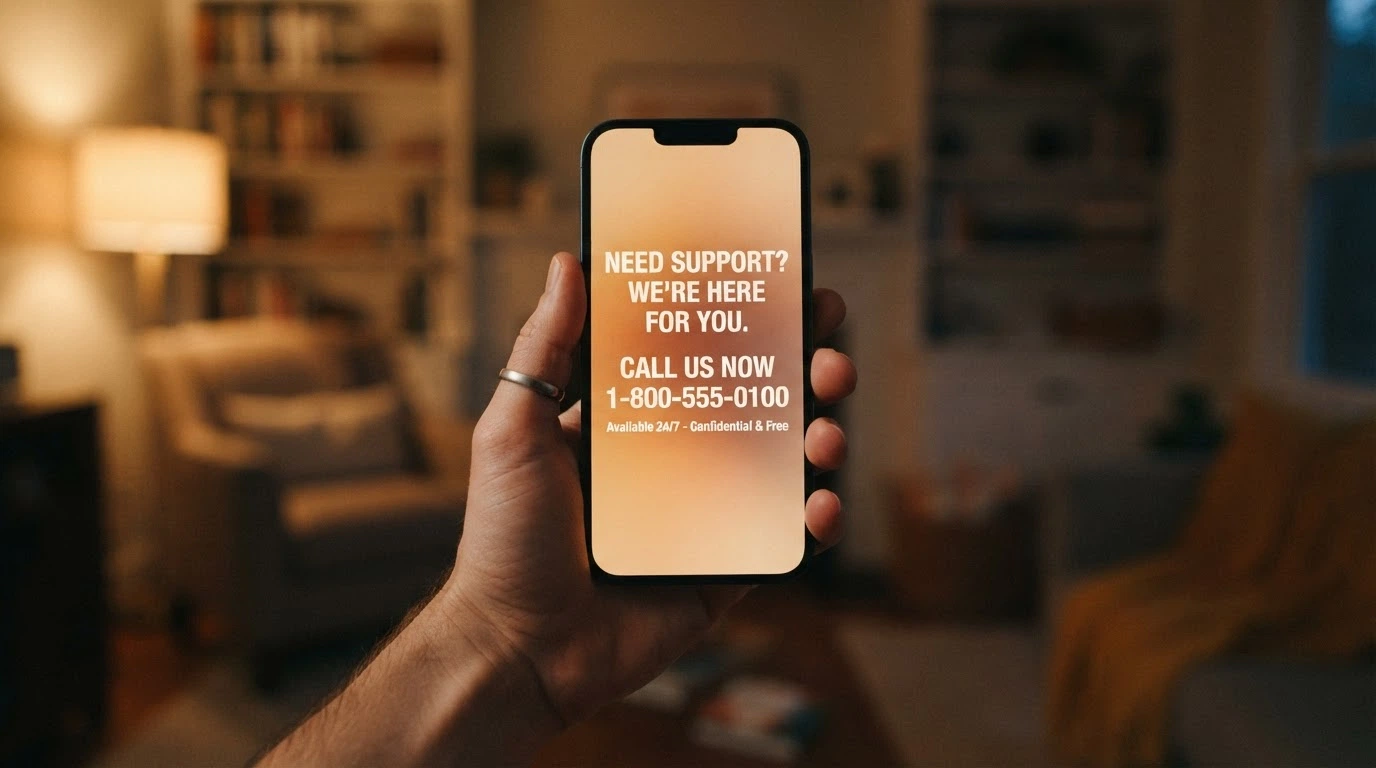 A close-up of a hand holding a smartphone with a helpline number displayed — warm, supportive framing, not alarmist